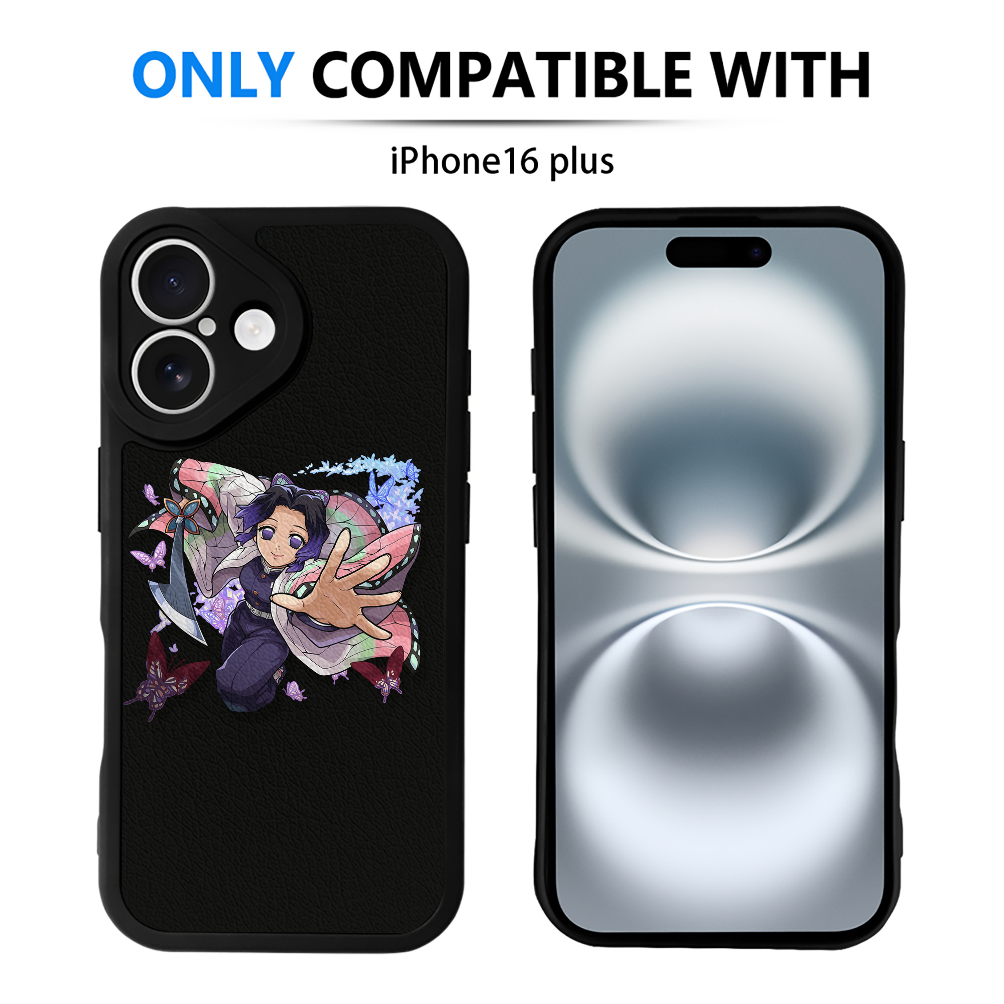 （画像用） 鬼滅の刃（きめつのやいば）蟲柱-胡蝶 しのぶ／こちょう しのぶ Kochou Shinobu 【iPhone 16シリーズ対応】シリコンスマホケース（レザー調） 材質：シリコン
